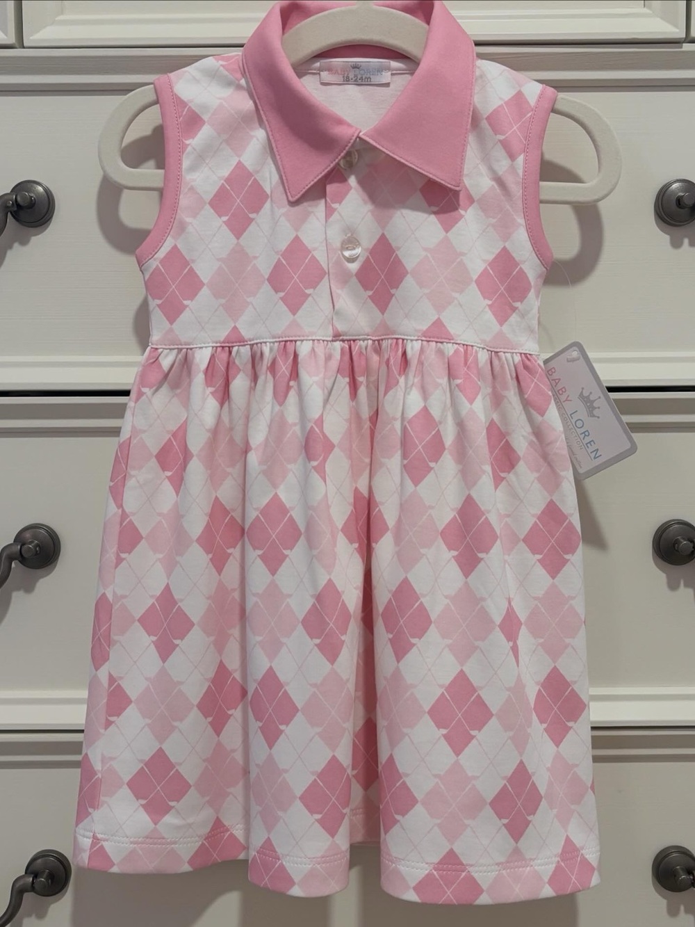 NWT Baby Loren Peruvian Pima Cotton Pink & White Argyle Dress Size 18-24 Months